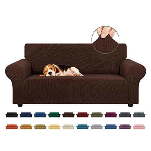 "KEKUOU Stretch Loveseat Sofa Cover Slipcover,Couch Covers for 2 Cushion Couch Sofa (55""-79"") Furniture Protector Sofa with Elastic Bottom for Kids,Dog. Jacquard Small Checked (Medium,Chocolate)"