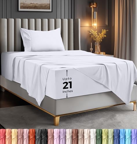 Utopia Bedding Twin Sheet Set, Soft Microfiber 3 Piece Hotel Luxury Bed Sheets for Women, Men, Kids & Teens with Side Storage Deep Pocket Fitted Sheet - Pillow Cases - Flat Sheet (White)