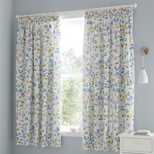 "Dreams & Drapes Sweetpea Floral Lined Pencil Pleat Curtains – Pair of Fully Lined Traditional Printed Drapes, 66"" Width x 72"" Drop (168 x 183cm), Elegant Botanical Design, Matching Duvet Set Available"