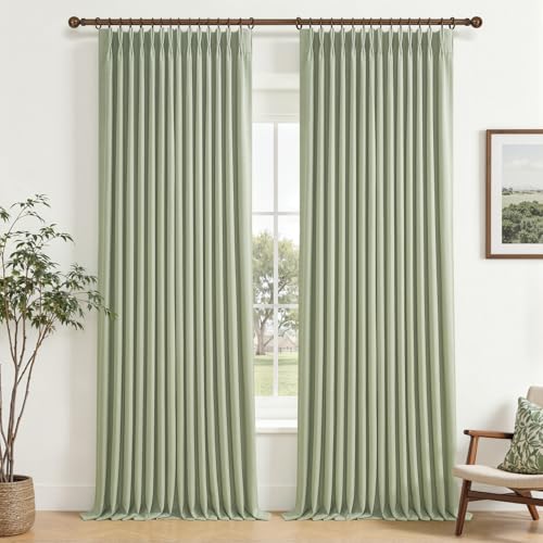 PleatedDrapes Blackout Linen Floor Length Curtains 105 Inches Long for Classroom, Light Green Memory Shape Pinch Pleat Double Layer Insulated Noise Blocking Modern Window Curtain & Drapes Panels of 2
