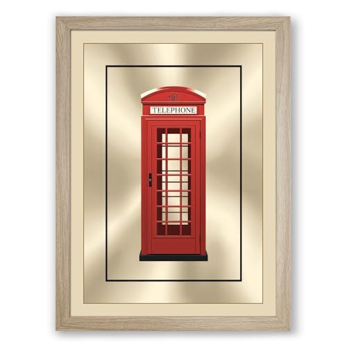 British Telephone Box Minimalist Framed Wall Art Print A2 (59.4×42cm) Oak, Wall Decor for Living Room, Bedroom, Office & Home, Ready to Hang, Art Gift