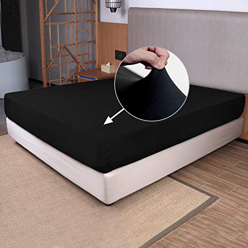 "Queen Size Fitted Sheet Only - 4-Way Stretch Jersey Knit, Cozy T-Shirt Soft, Wrinkle Free, Snug Fit & Stay in Place, No More Slipping Off for Mattress (Deep: 5""-16"") - Black, Queen"