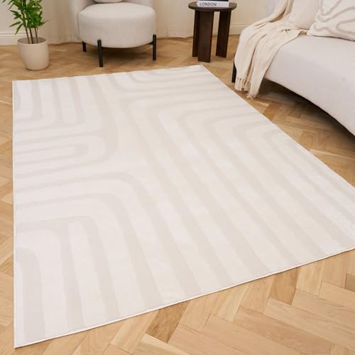 THE RUGS Living Room Rug, Loft Collection – Modern Textured 14mm Soft Pile Area Carpet, Non-Shedding & Easy Care [ Geometric Cream, 80x150 cm]