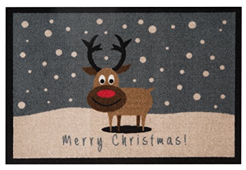 HANSE Home Door Mat 103045 Merry Christmas Reindeer Reindeer, POLYAMIDE, Taupe, 40 X 60 X 0.7 cm
