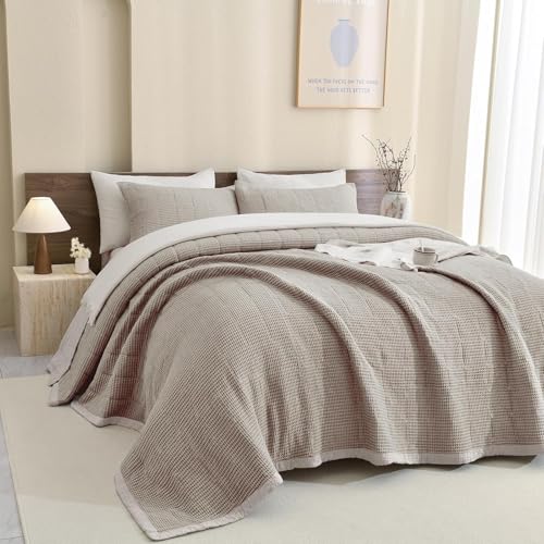 "Sanracie Cotton Queen Size Quilt Bedspread (90""x98""), Dark Khaki Waffle Weave Quilt Sets 3Pcs Soft Lightweight Farmhouse Bedding Set Luxury Breathable Bedding Coverlet for All Seasons"