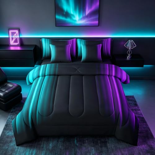 Feelyou Teens Abstract Ombre Decorations Bed in a Bag for Kids Women Teal Purple and Black Comforter Set with Sheets Geometric Modern Bed Set Room Queen Size