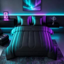 Feelyou Teens Abstract Ombre Decorations Bed in a Bag for Kids Women Teal Purple and Black Comforter Set with Sheets Geometric Modern Bed Set Room Queen Size