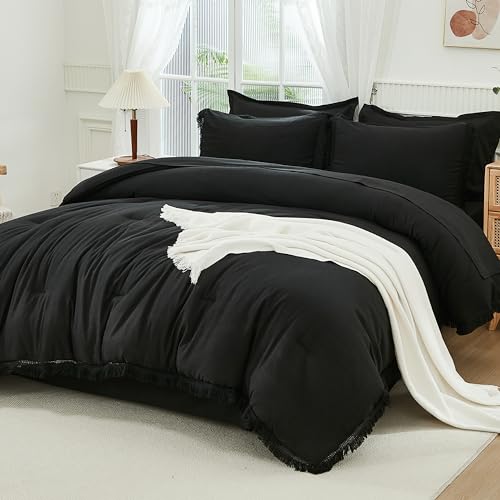 Andency Full Comforter Set, 7 Pieces Black Bedding - Boho Bed in a Bag, Soft Lightweight, Fringe Bed Set with Comforter(79x90), Sheets, Pillowcases & Shams