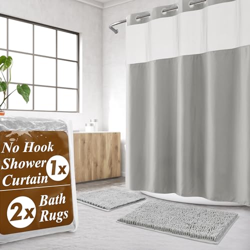 No Hook Shower Curtain Set with Rugs - 2 Pcs Bathroom Rugs and Shower Curtain Sets with Snap-in Liner, Hotel Style Bathroom Shower Curtain Sets, Light Grey