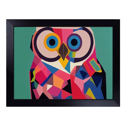 Lap Tray with Bean Bag Cushion, Abstract Owl In Colour - Handmade in the UK, Raised Wooden Edge, Padded Cushion, Heat-Resistant Wipe-Clean Surface, for Meals, Laptops and Crafts