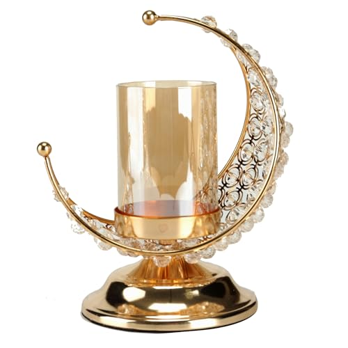BinaryABC Eid Mubarak Decorations,Ramadan Kareem Moon Shaped Candle Holder,Ramadan Candlestick,Ramadan Candle Stand Centerpieces Muslim Gift (Golden)