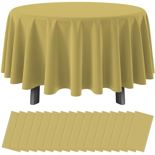 16 Pack Gold Plastic Tablecloth for Round Tables, Premium Decorative Gold Disposable Table Cloths for Parties, Bulk Round Party Table Cover for Birthday Wedding Anniversary Graduation, 84 Inch