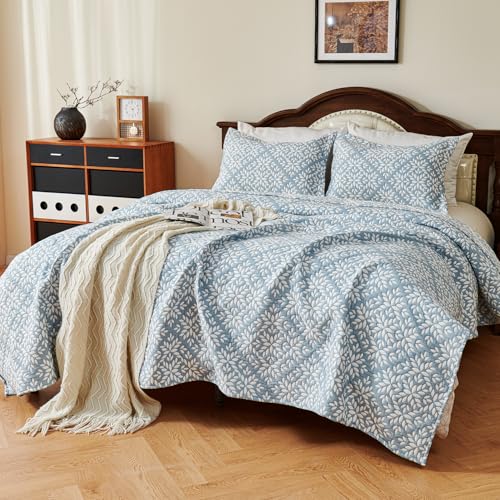 "EVENHUG 100% Cotton Quilt Queen Size Blue Leaf Bedding Set Lightweight Quilt Reversible Coverlet Bedspread with 2 Pillow Shams All Seasons 3 Pieces (92""x96"")"
