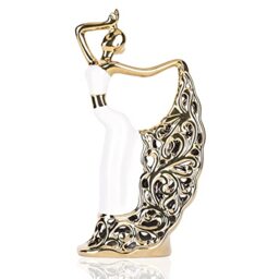 DOVDOV Peacock Statue and Sculpture, Female Dancer Sculpture, Modern Home Golden Ceramic Statue for Coffee Table, Entrance, Living Room, Bedroom Office Decoration Accessories (White Gold)