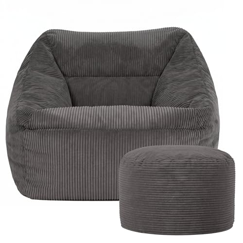 icon Natalia Cord Bean Bag Chair with Pouffe, Charcoal Grey, Large Adult Bean Bag with Filling Included, Comfy Chair, Armchair, Living Room, Bedroom Furniture
