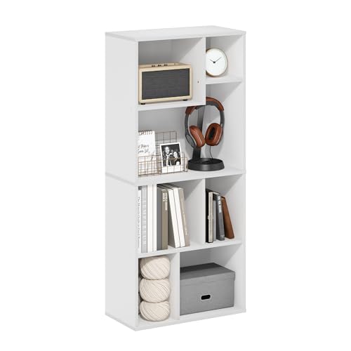 Furinno DALY Book Shelf, 7-Cube Bookshelf, Cube Storage Organizer Bookcase with Irregular Compartments, 24.1 x 48.0 x 106.9 cm, for Living Room, Bedroom, Home Office, White