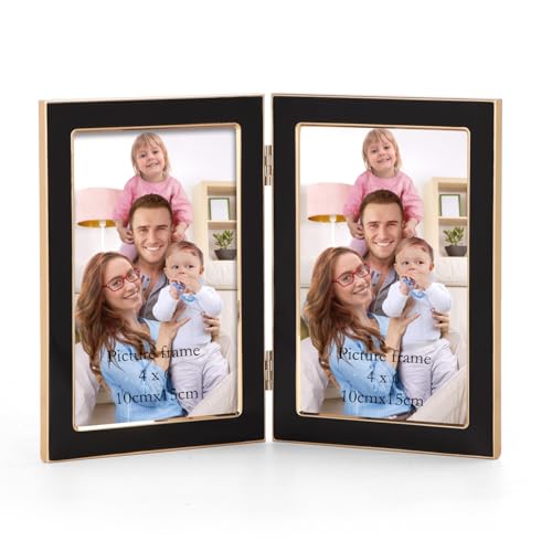 Giftgarden 4x6 Double Picture Frame Black with Clear Glass Display 4 by 6 Photo, Metal Hinged Folding Frame for Tabletop and Wall Display