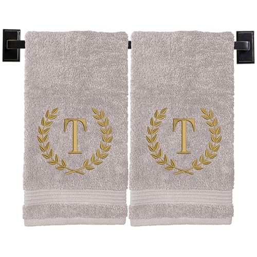 Custom Luxury Towels Monogrammed Hand Towels for Bathroom - Set of 2 - Genuine Turkish Towels - Choose Towel and Thread Color - A - Z - Monogrammed Towels with Embroidered Wheat Laurel Design