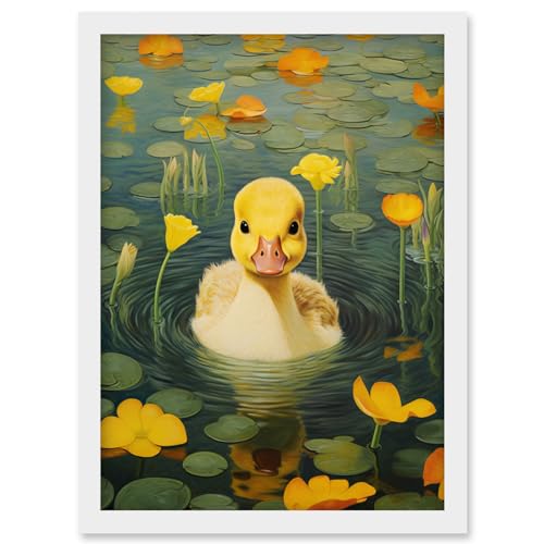 Artery8 Whirlpool Duckling Lily Pads and Flowers Kids Bedroom Nursery Artwork Framed Wall Art Print A4