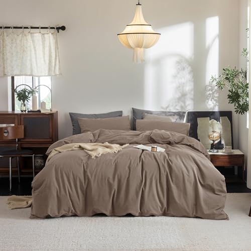FOSSA Duvet Cover Set 100% Washed Cotton Linen Feel Oversized King Plus - Super Soft Breathable Lightweight & All Season Bedding Set with Hidden Zipper & 8 Corner Ties (Pale Brown)