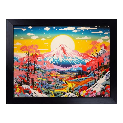Lap Tray with Bean Bag Cushion, Japanese Mountains Pop Art - Handmade in the UK, Raised Wooden Edge, Padded Cushion, Heat-Resistant Wipe-Clean Surface, for Meals, Laptops and Crafts