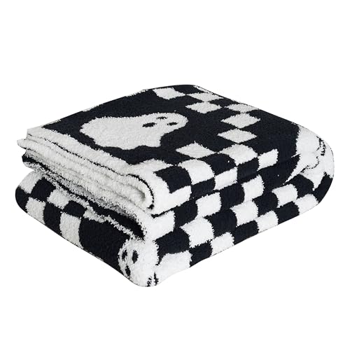 "Brnabiou Ultra Soft Cozy Checkered Ghost Halloween Knitted Throw Blanket Fluffy Microfiber Checkerboard Bed Blanket Lightweight Both Sides Throw Blanket for Couch Sofa Bed 50""X60""Black¡"""