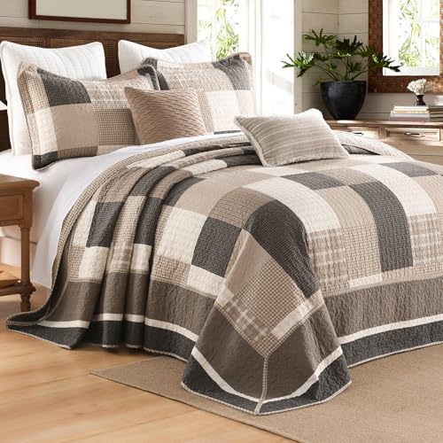 "DDUOXIN Oversized King Bedspread 128"" W x120 L - 100% Cotton Lightweight California King Quilt with 2 Pillow Shams, Farmhouse Plaid Reversible Bedspreads, Brown/Beige/Oatmeal"