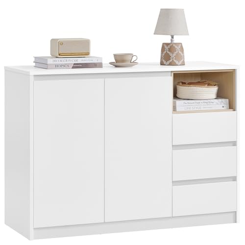 VASAGLE KAILYN Collection - Sideboard, Storage Cabinet with Doors, 3 Drawers and Adjustable Shelf, 40 x 103.3 x 74.5 cm, for Living Room, Kitchen, Study, Cloud White BBK273W21V1