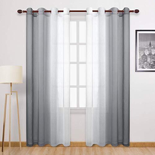 DWCN Ombre Grey Faux Linen Sheer Curtains - Semi Voile Gradient Grommet Top Curtains for Bedroom and Living Room, 52 x 108 Inches Long, Set of 2 Window Curtain Panels