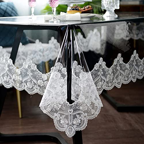 Clear Plastic Waterproof Tablecloth, Vinyl PVC Round Table Cloth with Lace Macrame, Oil Spill Proof, Table Cover for Dining Tables, Parties and Holidays (White, Round - 70 Inch)