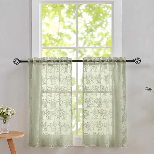 Sage Green Kitchen Window Curtains Over Sink 30 Inch Length Set of 2 Boho  Floral Curtains