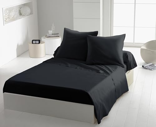 Black Flat Sheet 180 x 290 cm – Microfibre 82 g/m² Soft and Light – Easy Care, Extra Ironing – Ideal for Single Bed