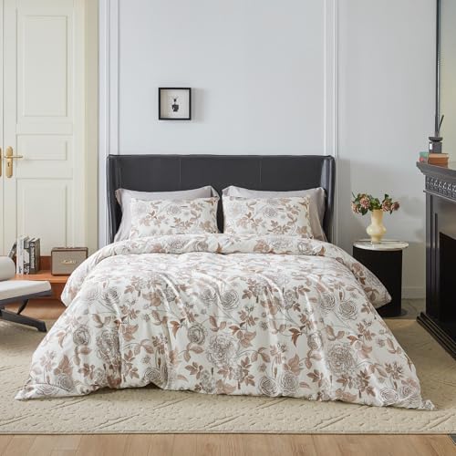YuHeGuoJi Brown Flower Duvet Cover King 100% Egyptian Cotton 3 Pcs Set 1 French Farmhouse Rose Floral Duvet Cover with Zipper Ties 2 Pillowcases Vintage Taupe Botanical Bedding Set Soft