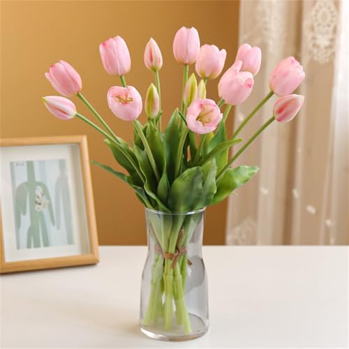 WEISPARK Artificial Tulips Flowers, 15pcs Real Touch Soft Latex Bouquet Fake Tulips for Home Office Kitchen Garden Wedding Party Decoration (Light Pink)