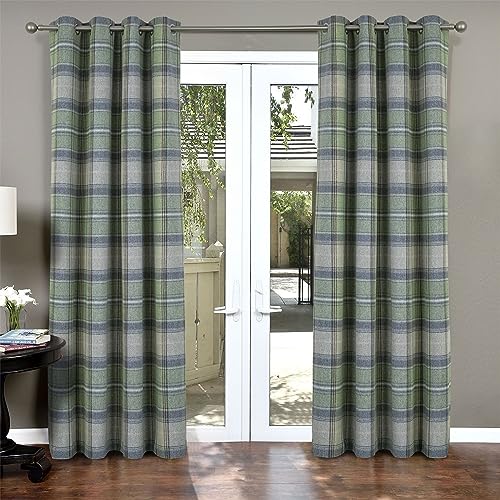 always4u 100% Blackout Woolen Look Plaid Curtains Modern Window Panels Green Checkered Tartan Curtains for Living Room Bedroom 2 Panels Green 45 * 84 Inches