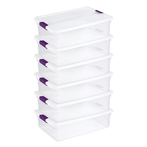Sterilite 17551706 32 Quart/30 Liter ClearView Latch Box, Clear with Sweet Plum Latches, 6-Pack,Sweet Plum Handles