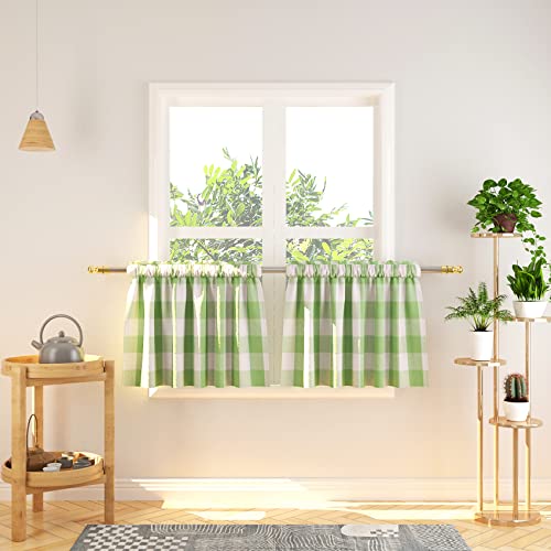 Natus Weaver Window Valances 16 inch Length 2 Panels Buffalo Plaid Gingham Rod Pocket Short Small Tier Curtains Kitchen Cafe Curtain Bathroom Curtains Green & White