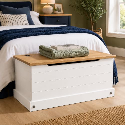 Mews Corona Storage Chest White Bedding Box Storage Ottoman Toy Chest Hinged Lid Mexican Pine Solid Wood