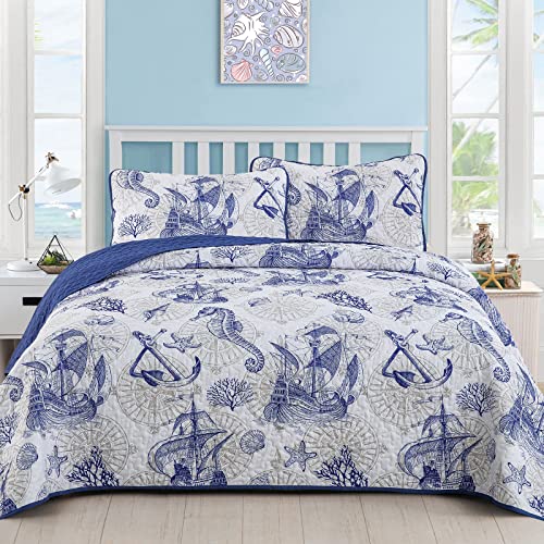 DJY Blue Beach Nautical Quilt Set King Size, Coastal Seahorse Bed Quilt with 2 Pillow Shams, Lightweight Coastal Bedspread Set for Adults Teens