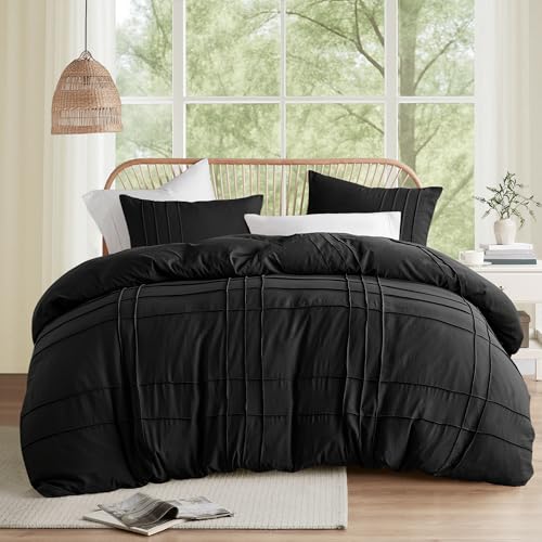 Comfort Spaces Black Twin Size Duvet Cover Set - 2 Pieces Pintuck Pleated Duvet Cover Twin, All Season Lightweight, Extra Softness Pre-Washed Microfiber Twin Bedding Cover Shams, Twin/Twin XL