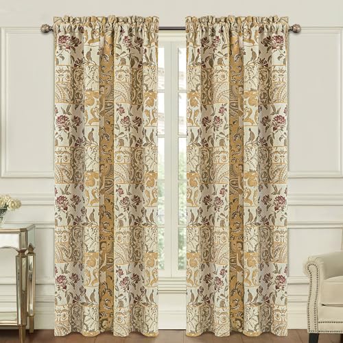 Loom and Mill Damask Patchwork Curtains for Bedroom, Beige Yellow Lined Jacquard Curtains 2 Panels with Tiebacks, Window Curtain for Living Room Banquet Halloween Decor, Rod Pocket(52???x 84???, 2 Panels)