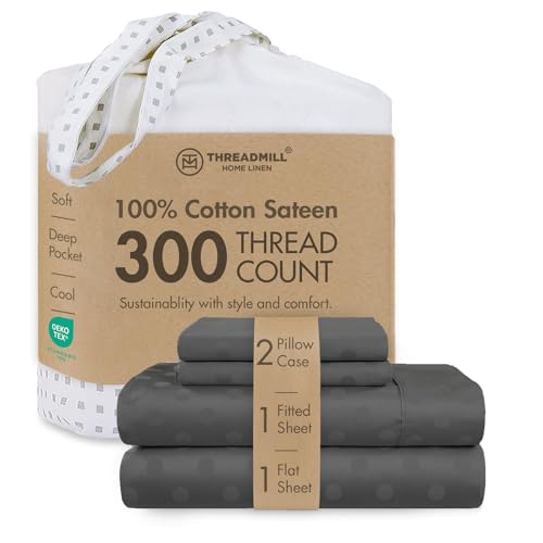 Threadmill Home Linen Queen Sheets - Pure Long Staple Cotton, Polka Dot Jacquard Weave, 4 Piece 300 Thread Count Bedding Set, Silky Smooth Dark Grey Sheets with Elasticized Deep Pocket