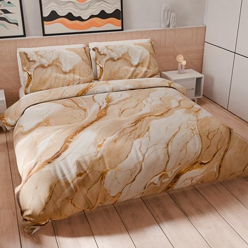 PETTI Artigiani Italiani - Single Duvet Cover Set 200 x 135 cm (1 Pillowcase 75 x 50 cm Included), Microfibre Duvet Cover Set with Beige Marble Effect Digital Print - Made in Italy