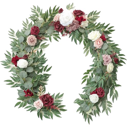 Floroom 6ft Artificial Eucalyptus Garland with Flowers Fake Greenery Faux Floral Vine Garland for Table Decor Wedding Centerpieces Bridal Shower Party Decorations, Burgundy & White