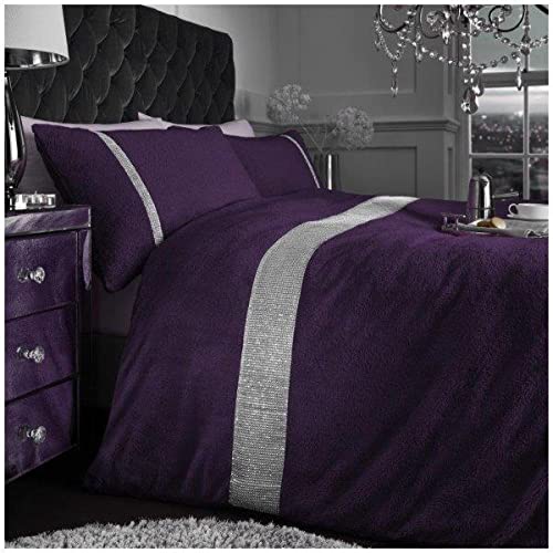 GC GAVENO CAVAILIA Luxurious Teddy Fleece Cosy Duvet Cover, Diamante Warm Bedding, Super Soft Sherpa Quilt Set, Single, Purple