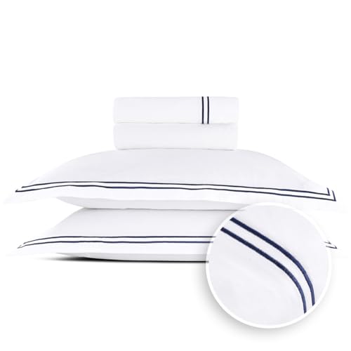 Pure Cotton Double Bedding Set 4-Piece - 100% Cotton Satin - Soft, Easy to Iron, Oeko-Tex - Duvet Cover 230 x 290 cm, Fitted Sheet 180 x 200 x 30 cm, Pillowcase 2 x 50 x 80 cm - Silhouette - Dark Blue
