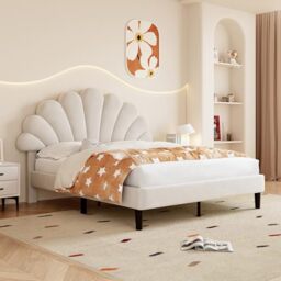 Merax Upholstered Double Bed, 4FT6 Bed Frame with Height-Adjustable Chic Petal Headboard and Wooden Slatted Frame, No Box Spring Needed, Easy Assembly, Velvet, Beige, 135x190cm