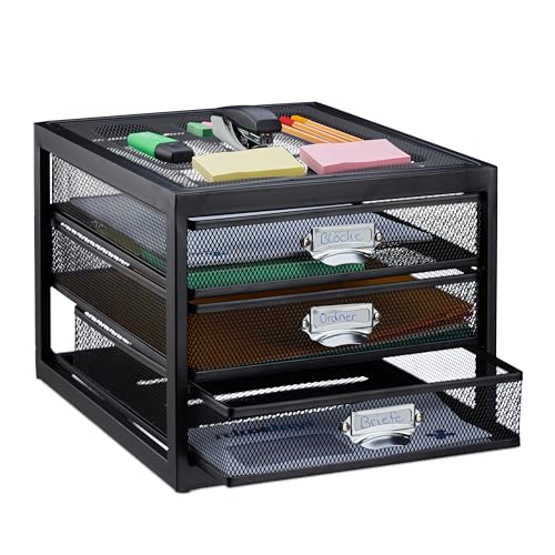 Relaxdays Desk Organiser, 3 Drawers for DIN A4 Files, Letter Tray and Paper Sorter, Mini Chest of Drawers, Black