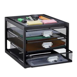 Relaxdays Desk Organiser, 3 Drawers for DIN A4 Files, Letter Tray and Paper Sorter, Mini Chest of Drawers, Black