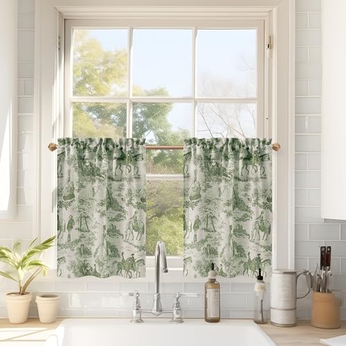 DriftAway Kitchen Curtains Toile Tier Linen Short Curtains Cafe 24 Inch Length for Living Room Bathroom Farmhouse French Country Vintage Printed Pattern Rod Pocket 2 Panels Loden Green